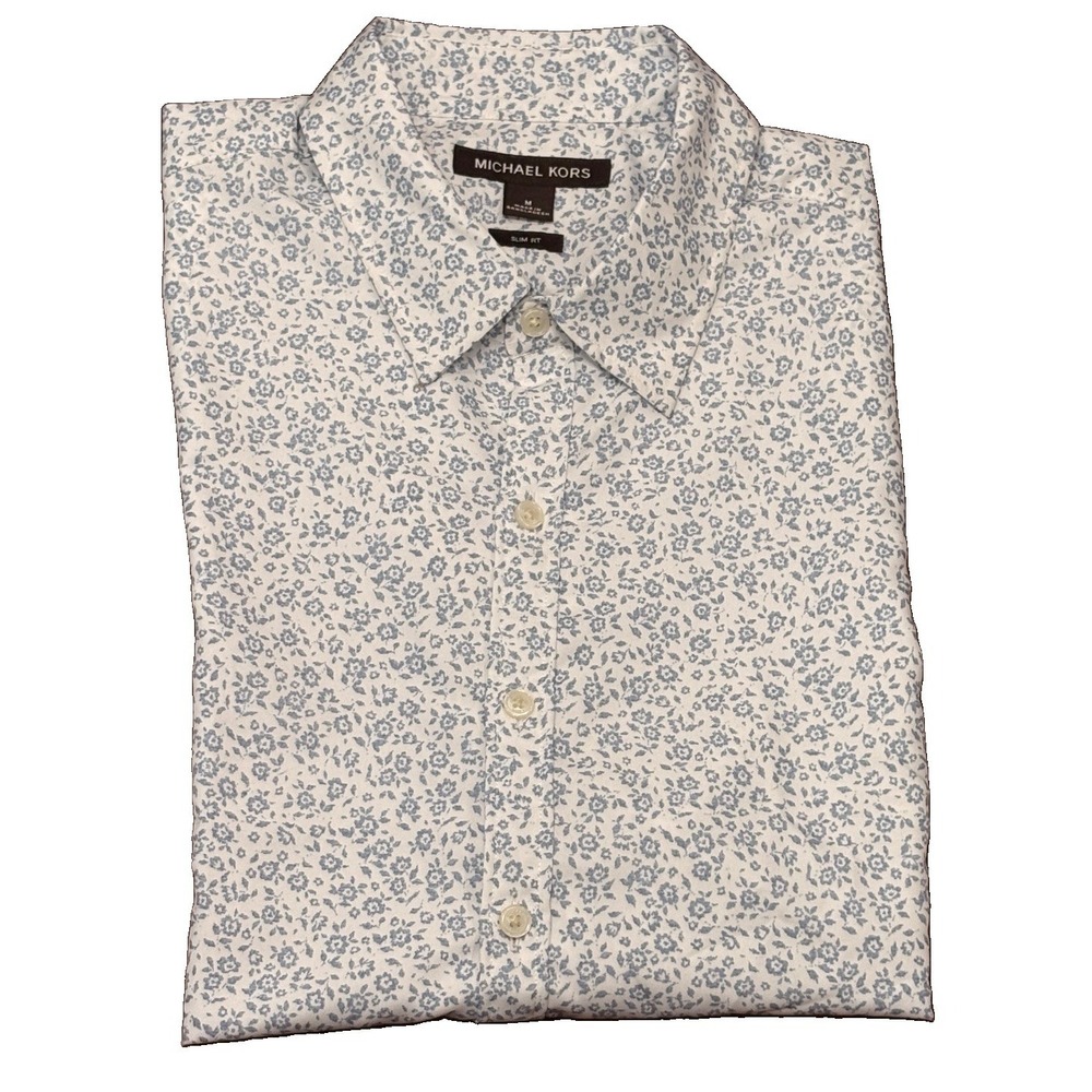 Michael Kors Sz M Men's Blue White Short Sleeves Button Down Slim Fit NWOT